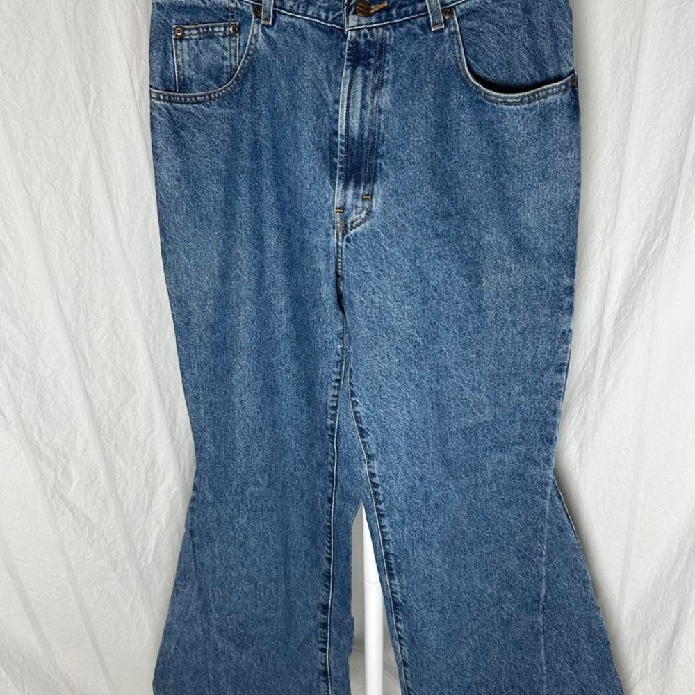 Vintage Structure Wide Flare Leg Worker Jeans Men's  Mineral Wash Blue Denim Y2K
